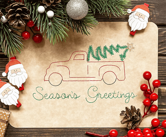 Red Truck Christmas Card Embroidery Design – In-the-Hoop Holiday Classic