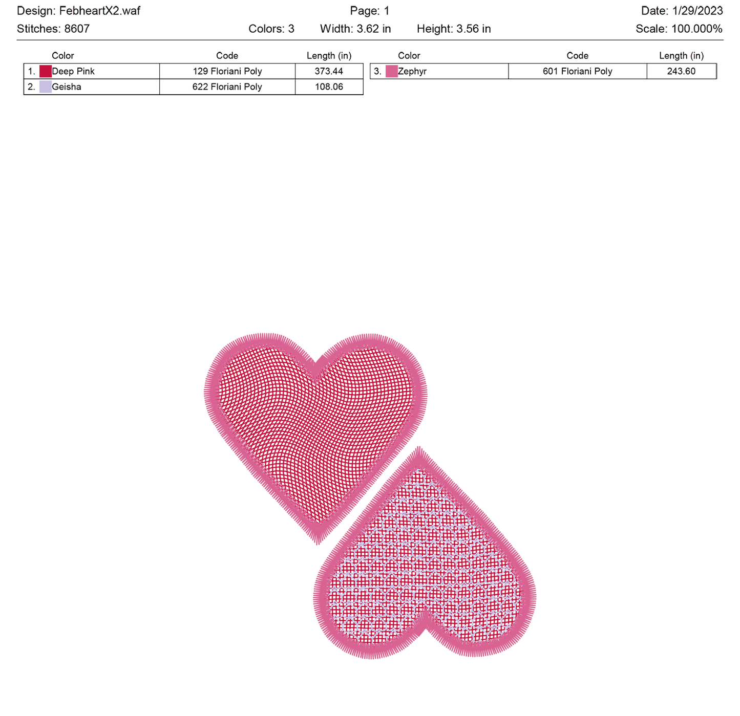 Two lace hearts embroidery design