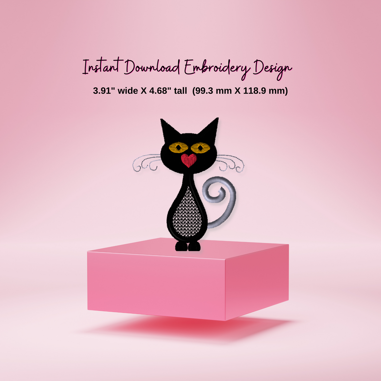 Cat embroidery design, Cat with heart nose for Valentine's Day
