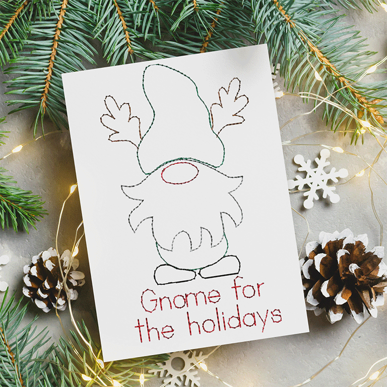 Reindeer Gnome Redwork Embroidery Design for Christmas Cards