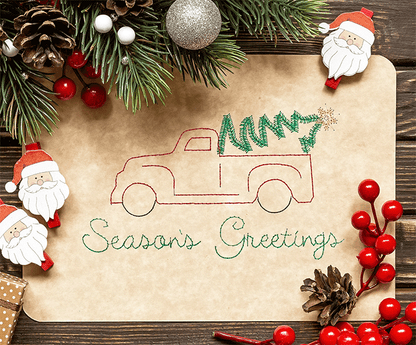 Red Truck Christmas Card Embroidery Design – In-the-Hoop Holiday Classic
