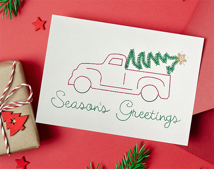 Red Truck Christmas Card Embroidery Design – In-the-Hoop Holiday Classic