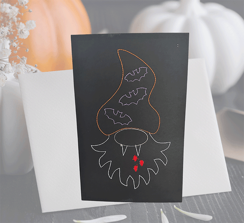 Spooky Redwork Vampire Gnome Machine Embroidery Design for Halloween Greeting Cards