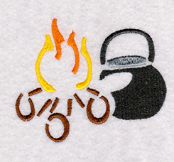 campfire logs and fie with a black kettle next to the fire embroidery design