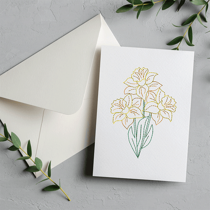 Daffodil Redwork embroidery design for greeting cards