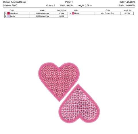 Two lace hearts embroidery design