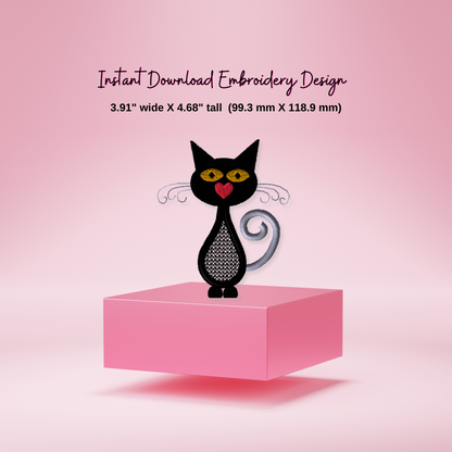 Cat embroidery design, Cat with heart nose for Valentine's Day